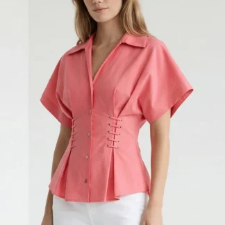 Gömlek Yaka Bağcık Detaylı Bele Oturan Regular Pembe Gömlek