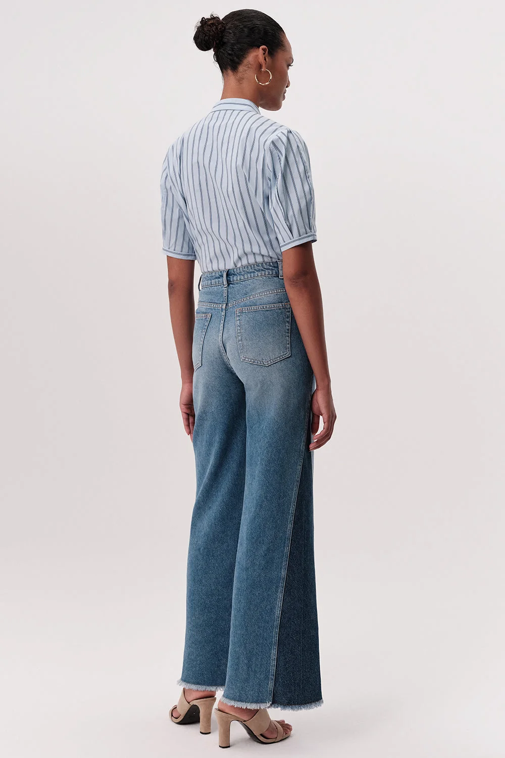 Yüksek Bel Geniş Paça Regular Denim Mavi Pantolon - Görsel 2