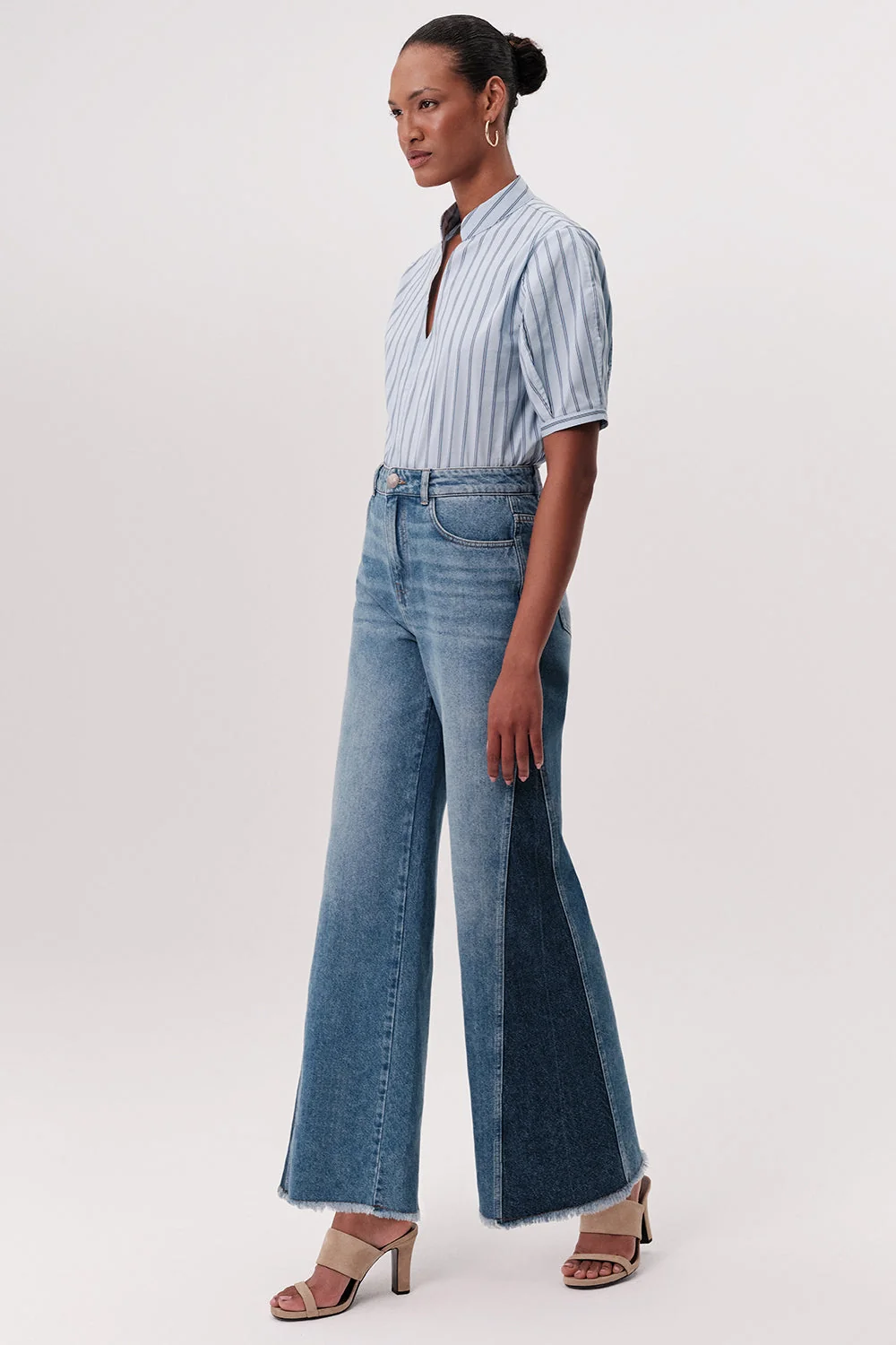 Yüksek Bel Geniş Paça Regular Denim Mavi Pantolon - Görsel 3