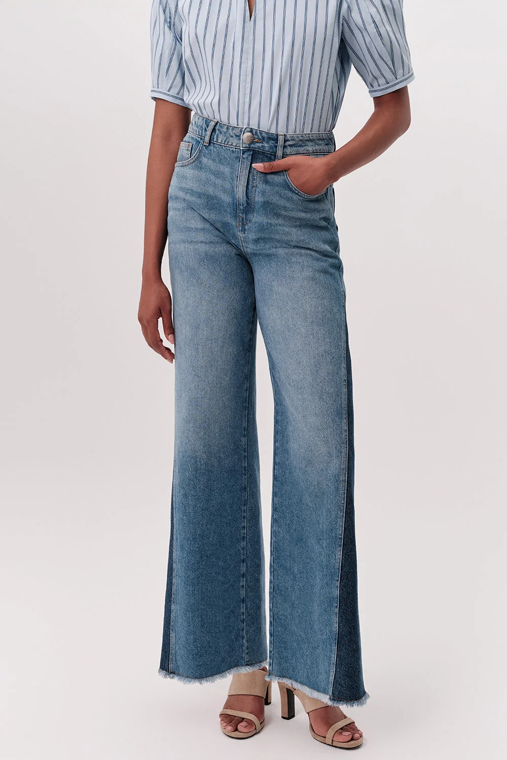 Yüksek Bel Geniş Paça Regular Denim Mavi Pantolon - Görsel 4